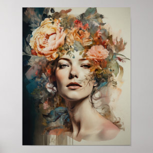 Poster imprimé d'une femme avec une tête de fleurs