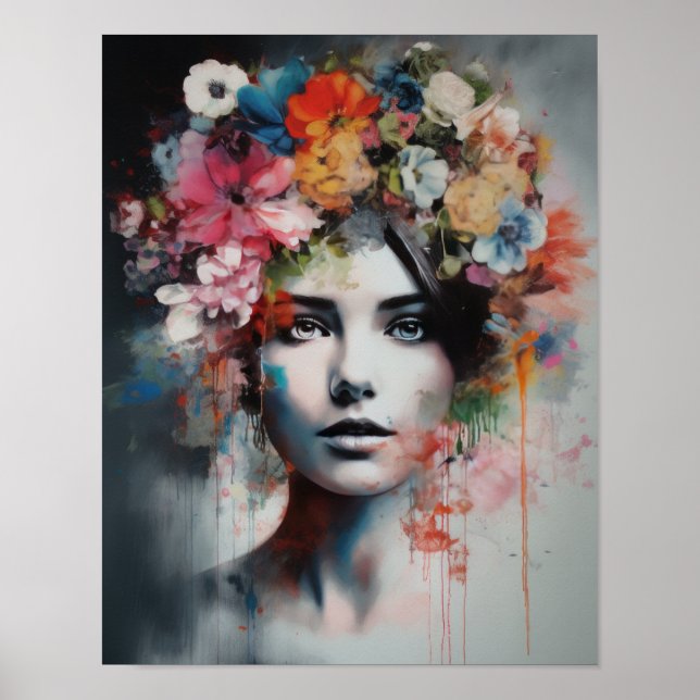 Poster imprimé d'une femme avec une tête de fleurs (Devant)