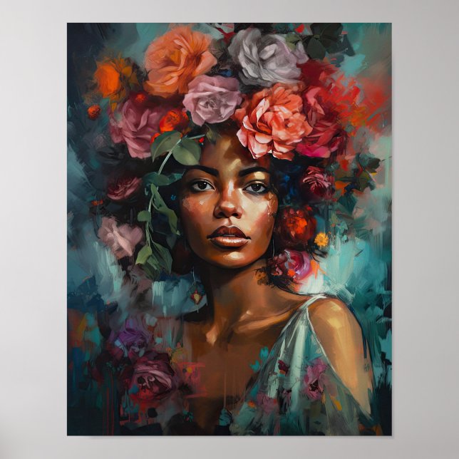 Poster imprimé d'une femme avec une tête de fleurs (Devant)