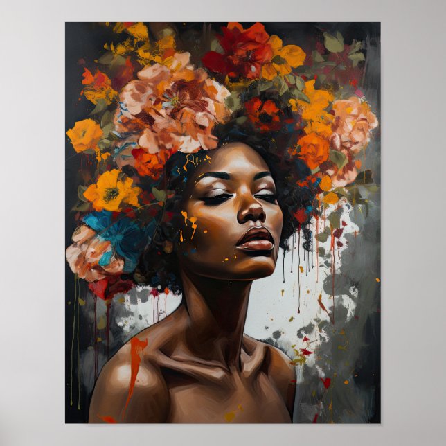 Poster imprimé d'une femme avec une tête de fleurs (Devant)