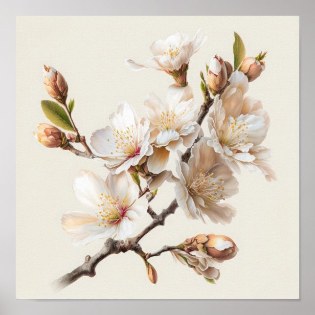 Poster imprimé en fleurs d'amandes blanches (Devant)