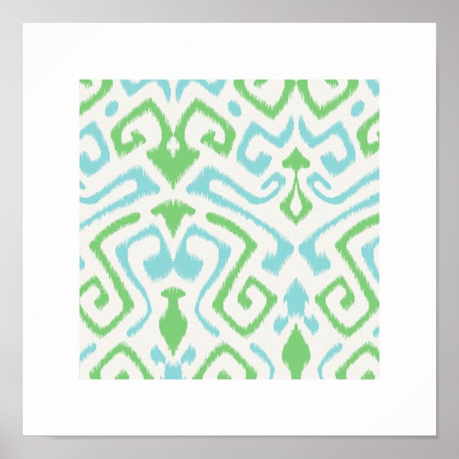 Poster imprimé tribal chic moderne bleu vert ikat motif (Devant)