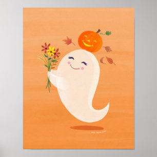 Poster Imprimer Halloween jote Ghost et Fleurs Art