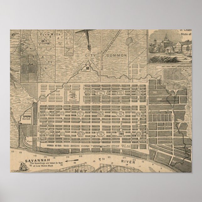 Poster Imprimer la carte historique de Savannah Georgia (Devant)
