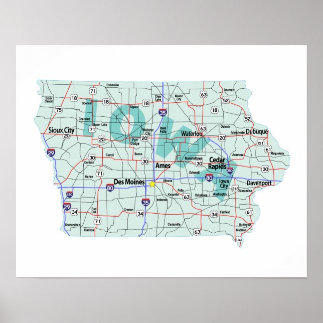 Poster Imprimer la carte inter-États de l'Iowa (Devant)