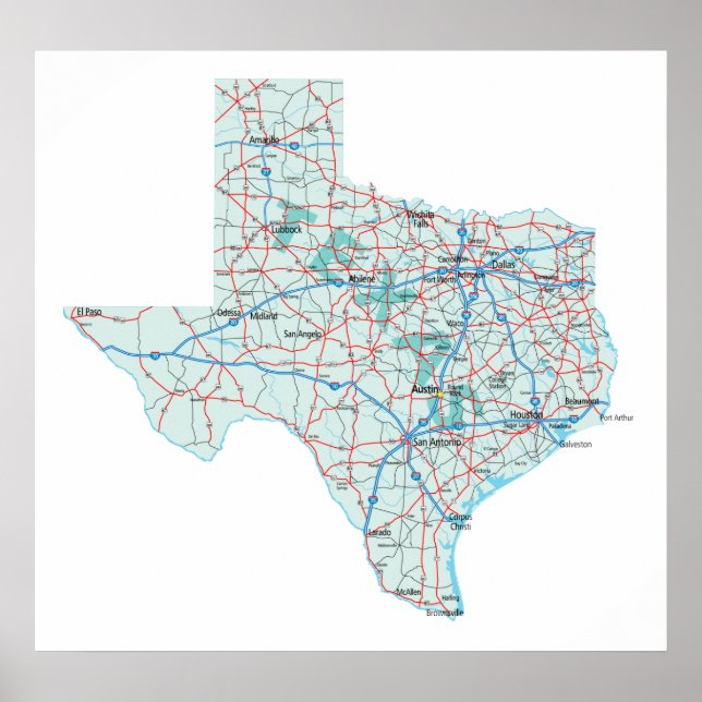 Poster Imprimer la carte inter-États du Texas (Devant)