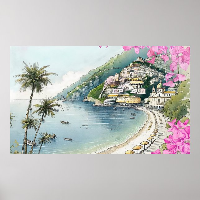 Poster Imprimer l'aquarelle de la côte d'Amalfi (Devant)