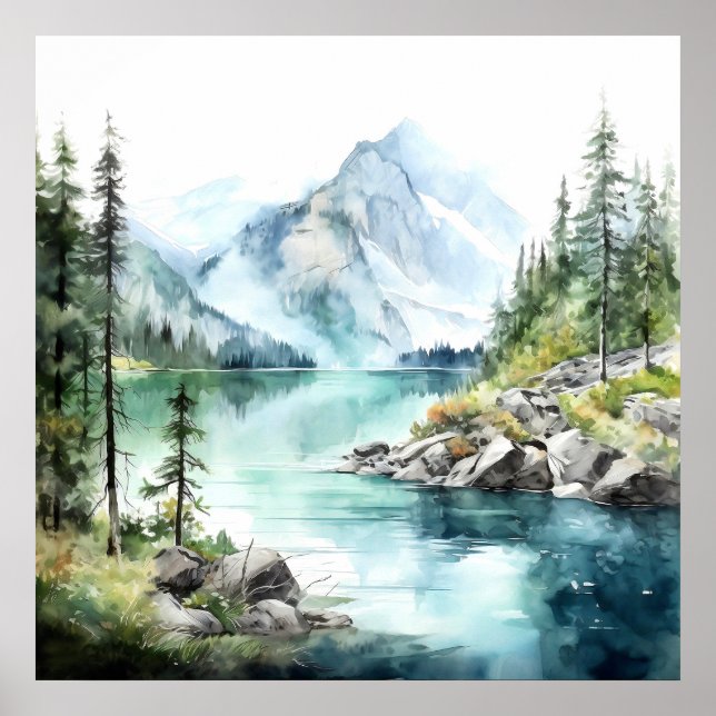 Poster Imprimer l'aquarelle Mountain Lake (Devant)