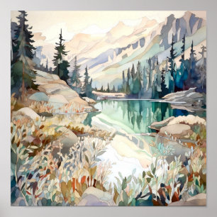 Poster Imprimer l'aquarelle Mountain Lake