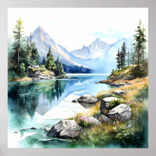 Poster Imprimer l'aquarelle Mountain Lake