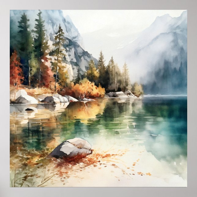 Poster Imprimer l'aquarelle Mountain Lake (Devant)