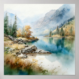 Poster Imprimer l'aquarelle Mountain Lake