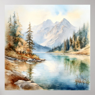 Poster Imprimer l'aquarelle Mountain Lake