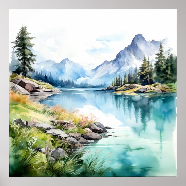 Poster Imprimer l'aquarelle Mountain Lake (Devant)