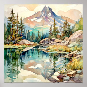 Poster Imprimer l'aquarelle Mountain Lake