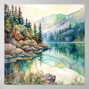 Poster Imprimer l'aquarelle Mountain Lake