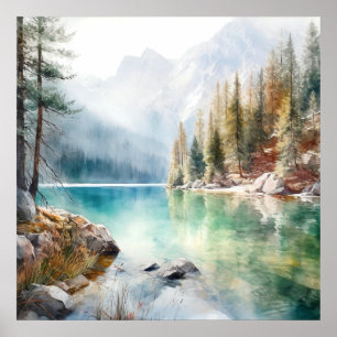 Poster Imprimer l'aquarelle Mountain Lake