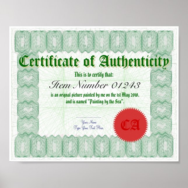 Poster Imprimer un certificat d'authenticité (Devant)