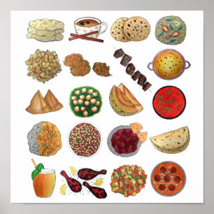 Poster Indian Foods Plats Cuisine indienne Illustration