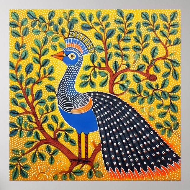 Poster Indian Gond Art Peacock Jaune | Art de l'Inde (Devant)