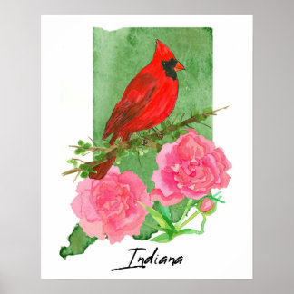 Poster Indiana State Shape Hoosiers Cardinal Peonies 