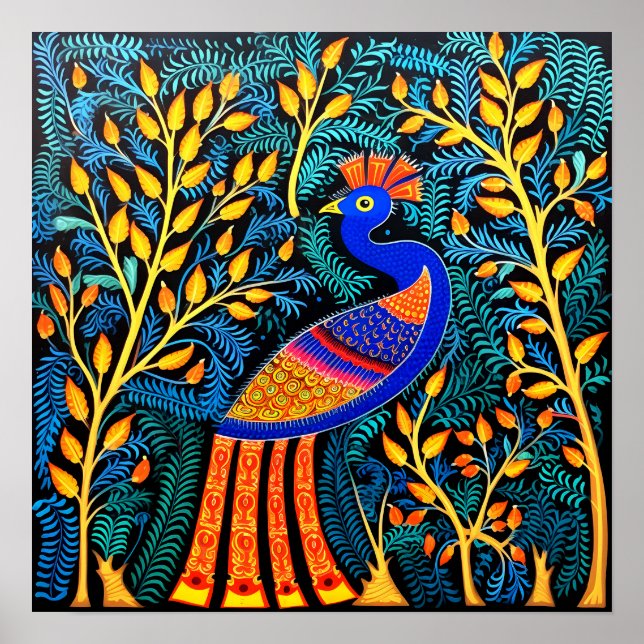 Poster Indien Gond Art Peacock noir | Art de l'Inde (Devant)