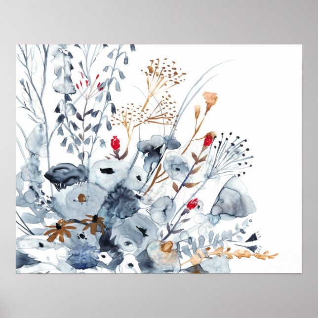 Poster Indigo & Ochre - Fleurs aquarelles (Devant)