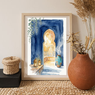 Poster Indigo & Ochre Hammam Marocain Aquarelle