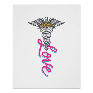 Poster Infirmière Amour Caducée Floral Médical Design Ver