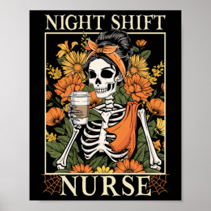 Poster Infirmière de nuit florale squelette Halloween Rn