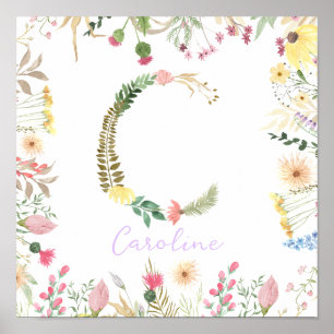 Poster Infirmière initiale de l'alphabet floral personnal
