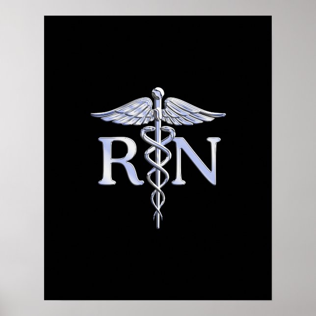 Poster Infirmière inscrite RN Silver Caduceus en noir (Devant)