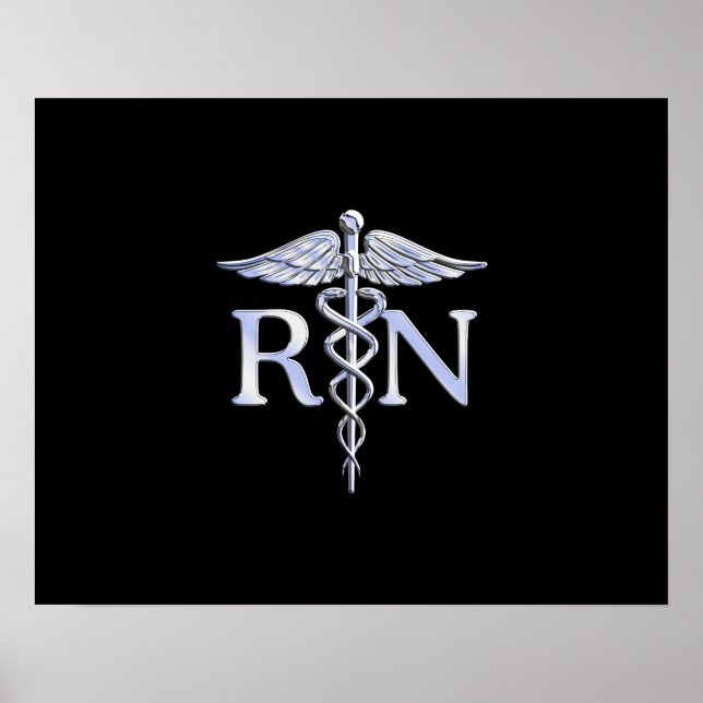Poster Infirmière inscrite RN Silver Caduceus en noir (Devant)