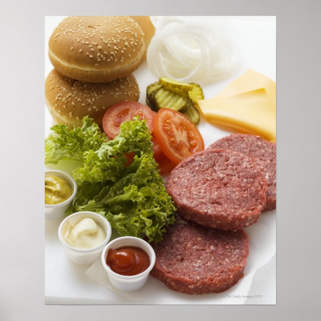 Poster Ingrédients pour cheeseburger (Devant)