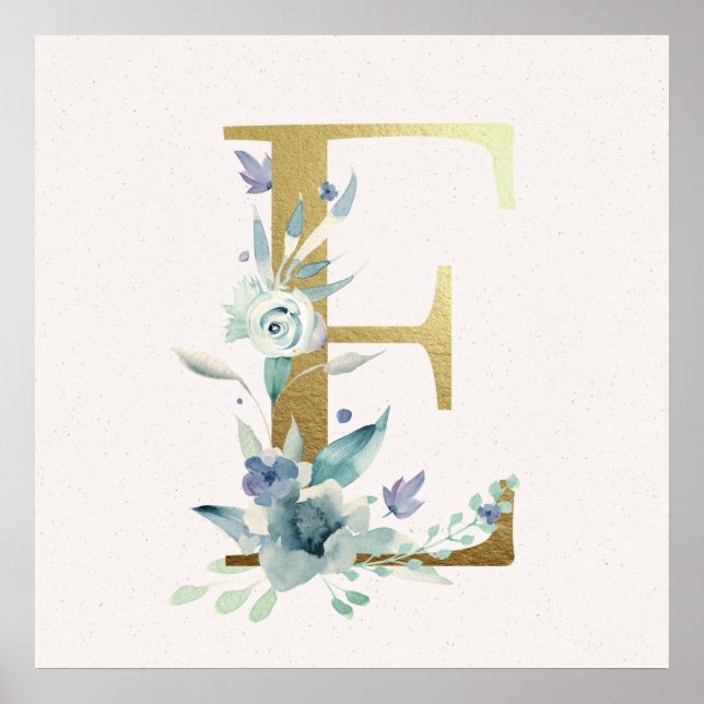 Poster initial E Golden et Blue Floral Monogram (Devant)