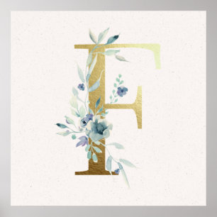 Poster initial F Golden et Blue Floral Monogram