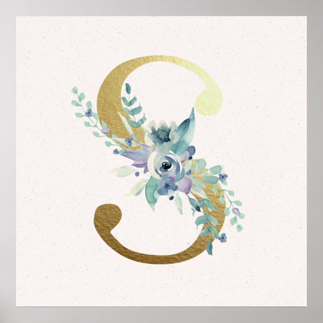 Poster initial S Golden et Blue Floral Monogram (Devant)