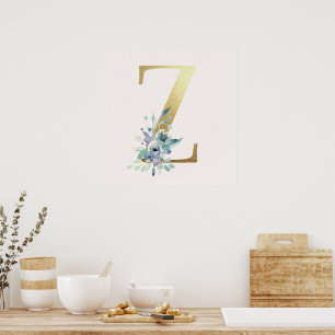 Poster initial Z Golden et Blue Floral Monogram