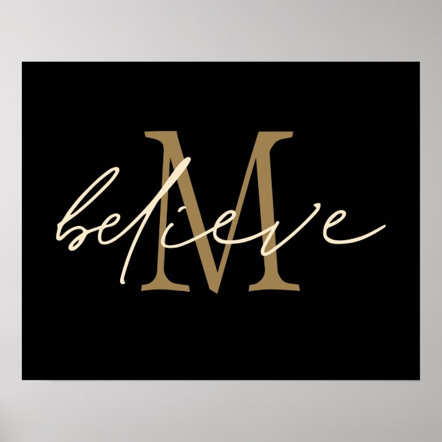 Poster Initiale monogramme or en script Believe Noir (Devant)