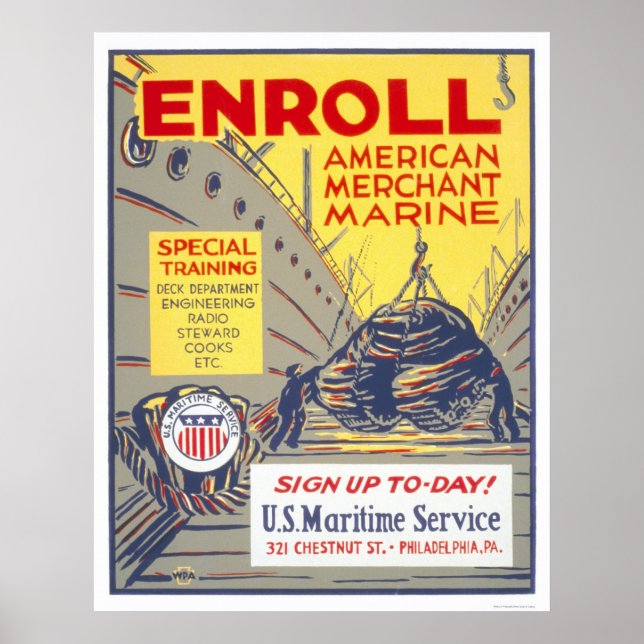 Poster Inscrivez-vous à American Merchant Marine - WPA (Devant)
