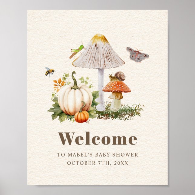 Poster Insectes Champignons Bois Baby shower Citrouille (Devant)