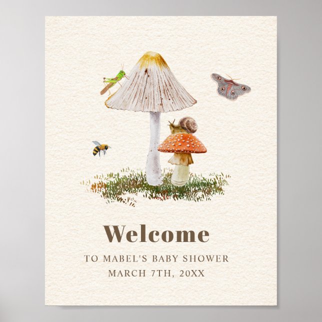 Poster Insectes Champignons Bois Baby shower naturel (Devant)