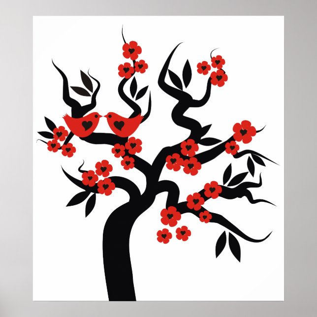 Poster Inséparables noirs rouges sakura cherry tree & Blo (Devant)
