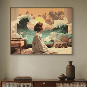 Poster Intérieur surréaliste avec femme et chat