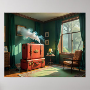 Poster Intérieur vintage avec valises-train et fumée