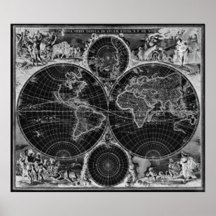Poster Inverses noir et blanc de carte du monde 1670) (