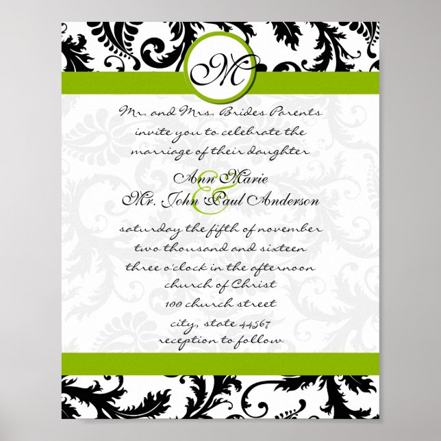 Poster Invitation Apple Green Black Mariage damassé (Devant)