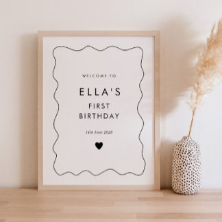 Poster Invitation d'anniversaire 1 an Cœur Bordure Ondulé