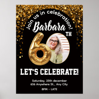 Poster Invitation d'anniversaire Confettis Or Noir 60 ans