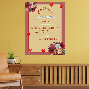 Poster Invitation de Baby Shower Fleur et Cœur